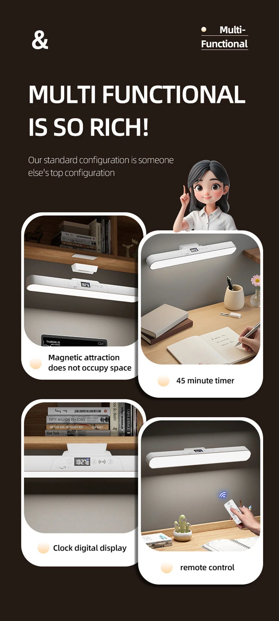 Eye-care Magnetic Desk Lamp USB Rechargeable LED Night Light Battery Status & Time Display Reading Light Table Lamp for Kitchen