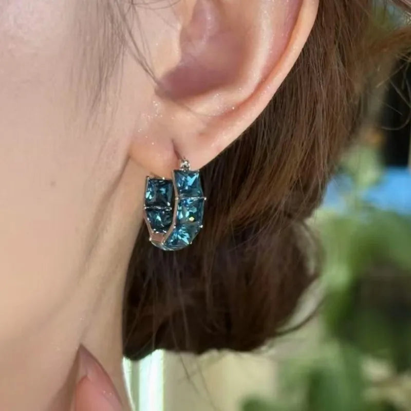 2025 Korean new design fashion jewelry luxury square blue crystal hoop earrings elegant women's daily work accessories