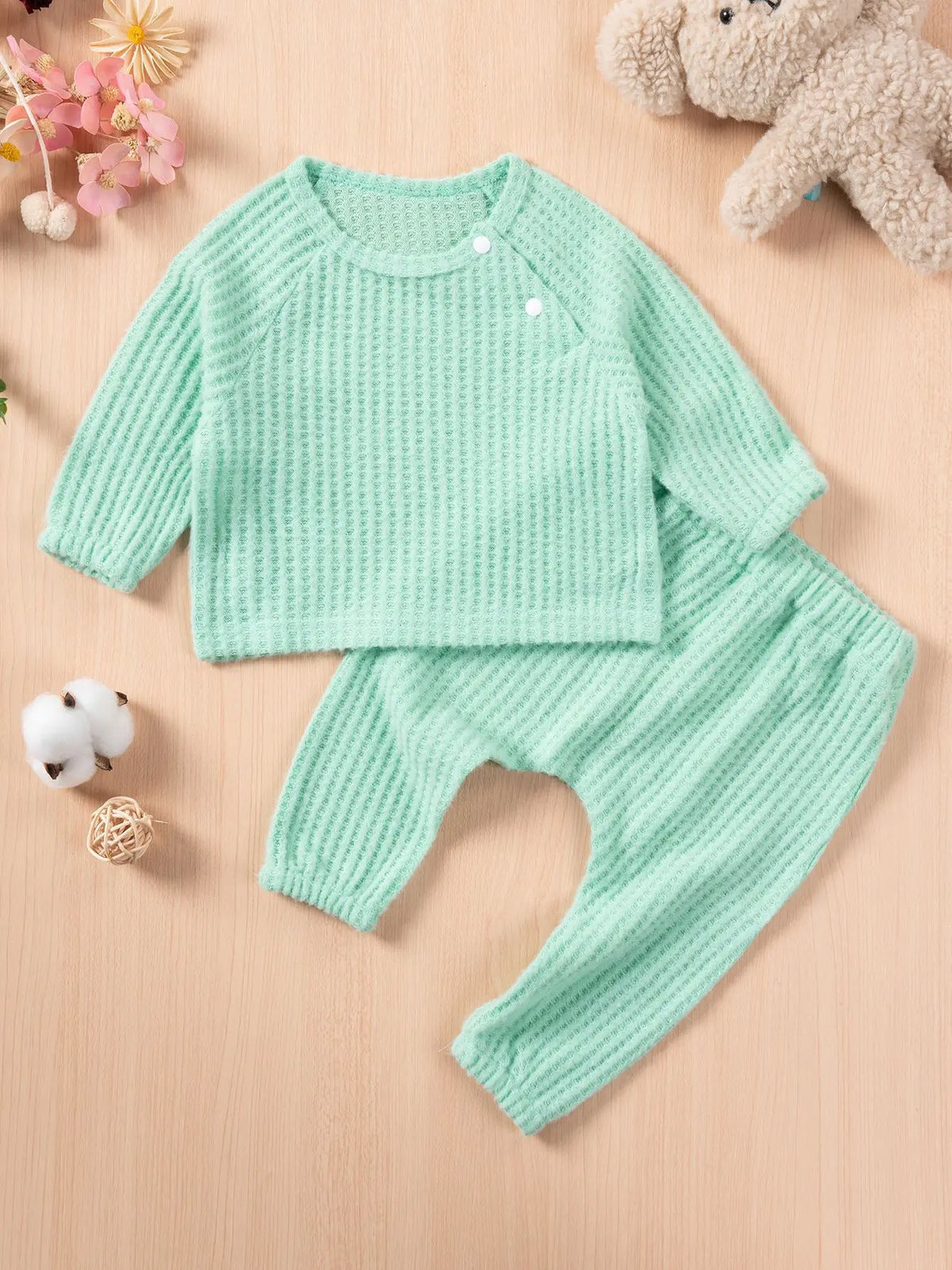 Baby Boys Girls Autumn Winter Set Pure Color Houndstooth Long Sleeve Round Neck Top with Long Pants Cute 1-3 Years Old Outfit