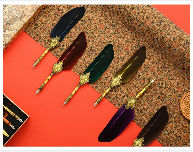 Sprinkling Gold Vintage Feather Pen Set Luxury Fountain Pen Ink Bottle Calligraphy Writing Dip Pen Nib Quill Birthday Gift Box