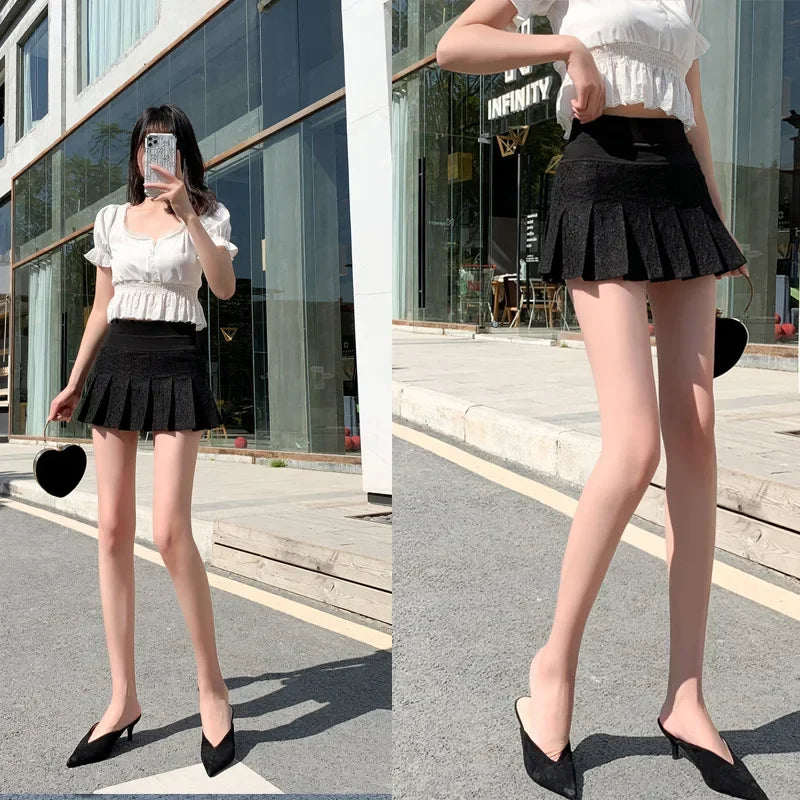 A Line Mini Skirt New Ultra-short Mini Pants Elastic Waist Joker Lace Pleated  Sexy  Fashion Black White Skirt