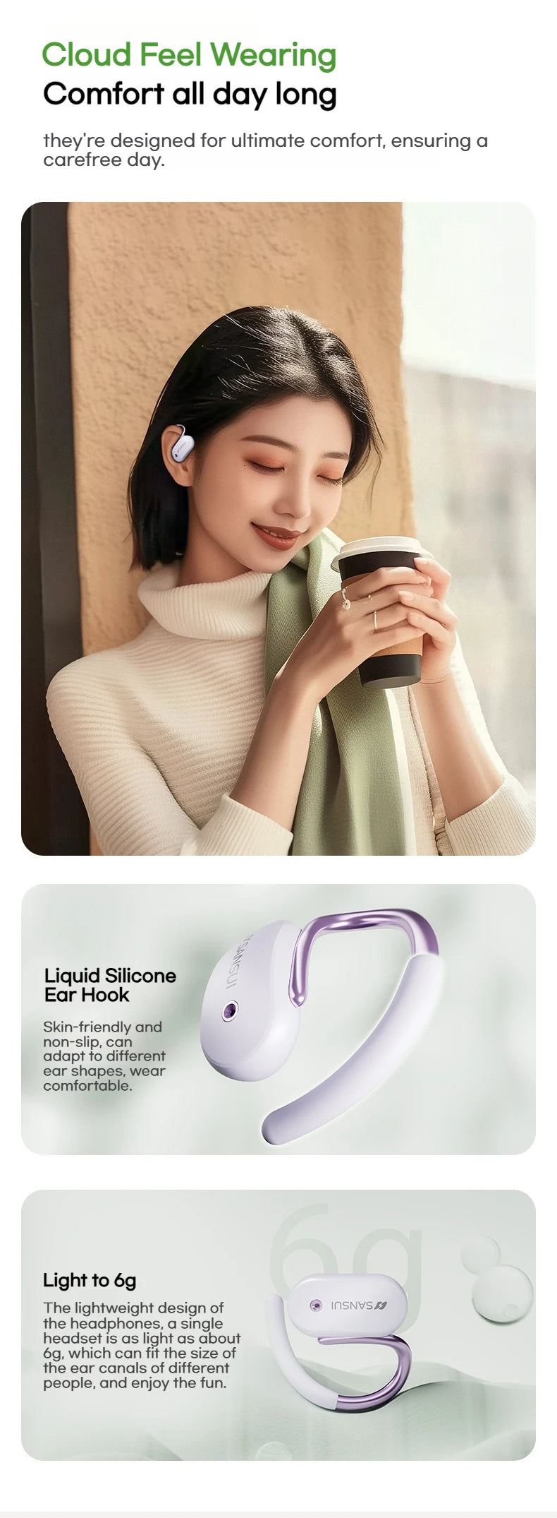 Sansui W15 Open Ear Bluetooth Earphones 360° Spatial Sounds Bluetooth 5.4 Headphone Sports Wireless Earbuds Dual Connection