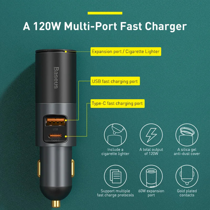 Baseus 120W Car Phone Charger Quick Charge QC 4.0 3.0 Dual USB Type C Expand Charger Adapter For iPhone Xiaomi Samsung Huawei