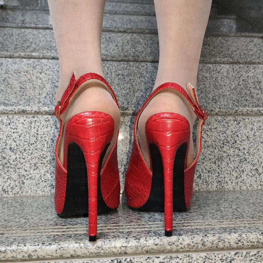 LAIGZEM Women Pumps Pointed Toe Buckle Strap Thin High Heels Sandals Crocodile Print Party Prom Shoes Woman Large Size 41 45 47