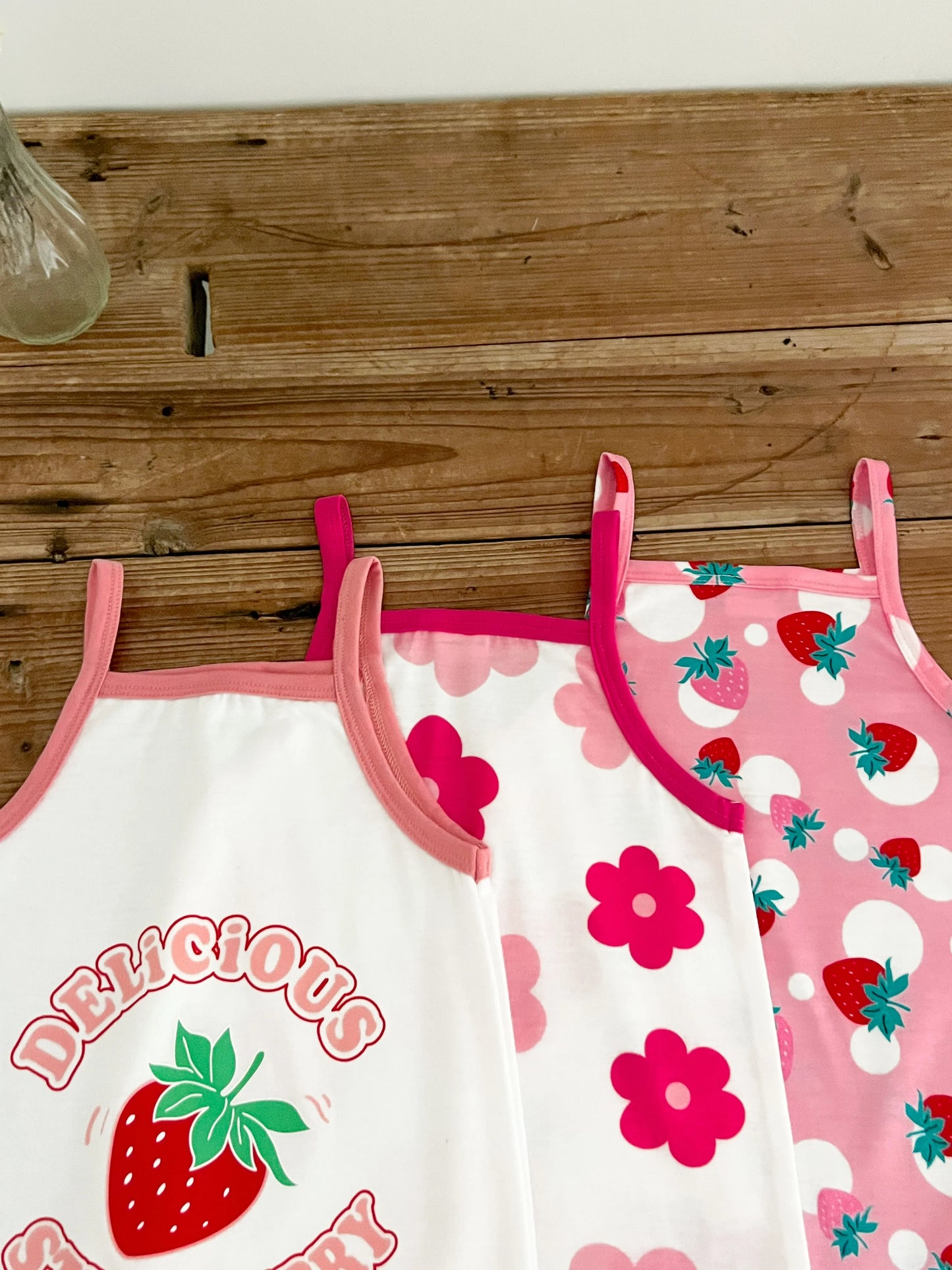 Summer  0-1 Years  Old  Infant  Baby  Girls  Fruit  Print  Camisole  Jumpsuit  3-Piece  Set , Suitable  For  Daily  Wear