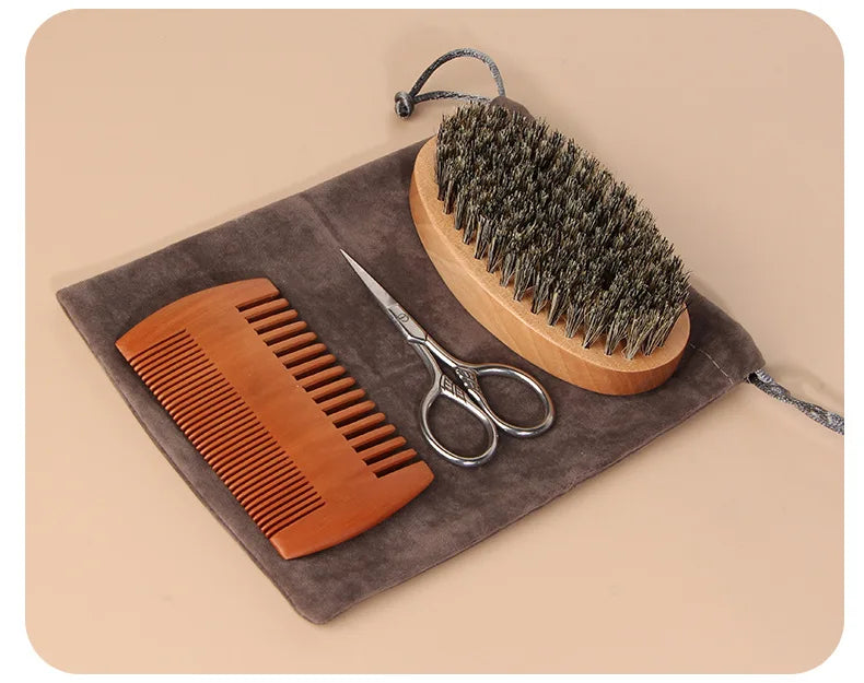 Men's Shaving Brush Set Boar Bristle Portable Barber Natural Beard Brush Comb Scissors for Facial Cleaning Styling Tool