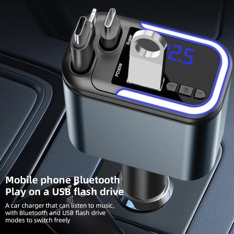 5 IN 1 180W Retractable Car Charger Bluetooth 5.0 FM Transmitter Fast Phone Charger Handsfree Call U-disk Aux with LED Light