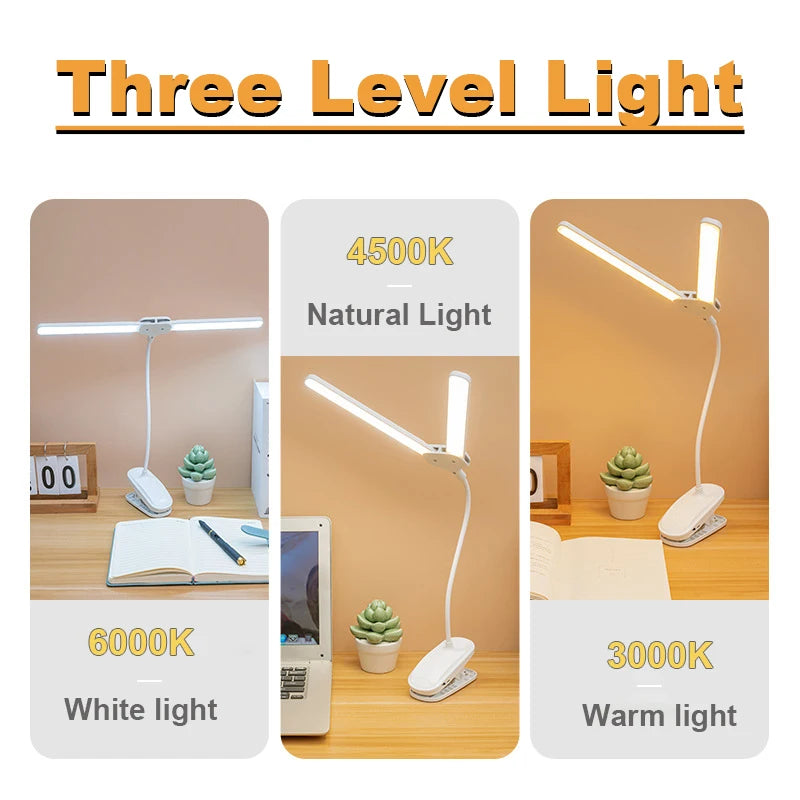 Dual Head Clip Table Lamp LED Rechargeable Eye Protection Desk Lamp Flexible Dimmable Night Lamp For Children Study Kids Reading
