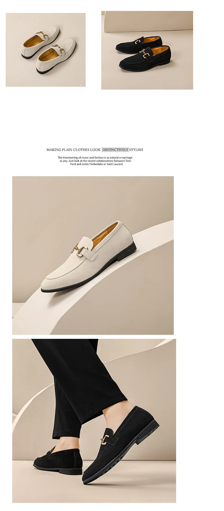 Loafers Men Shoes Black Beige Flock Round Toe Metal Decoration Men Dress Shoes Slip on Men Shoes