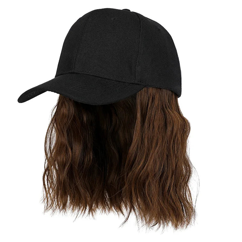 Hat Wig for Women, Short Wave Baseball Cap Wig with Curly Synthetic Hair Extensions, Adjustable Brown Black Baseball Hat Wig