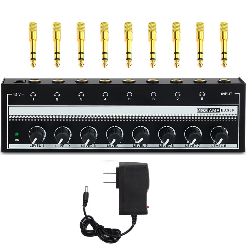 Headphone Amplifier 8 Channels Stereo Audio Amplifier AMP Ultra-Compact Portable Mini Amplifier with Rotary Button 6.35mm Jack