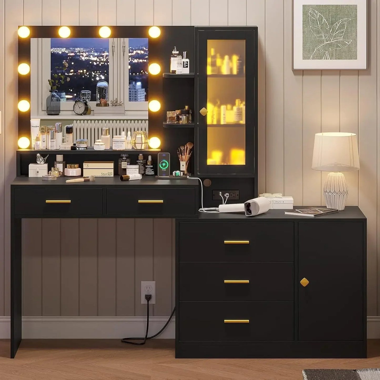 Vanity Desk, Makeup Vanity with Lights &amp; Charging Station and Ambient Light, Vanity Table with Dresser, Bedroom Furniture