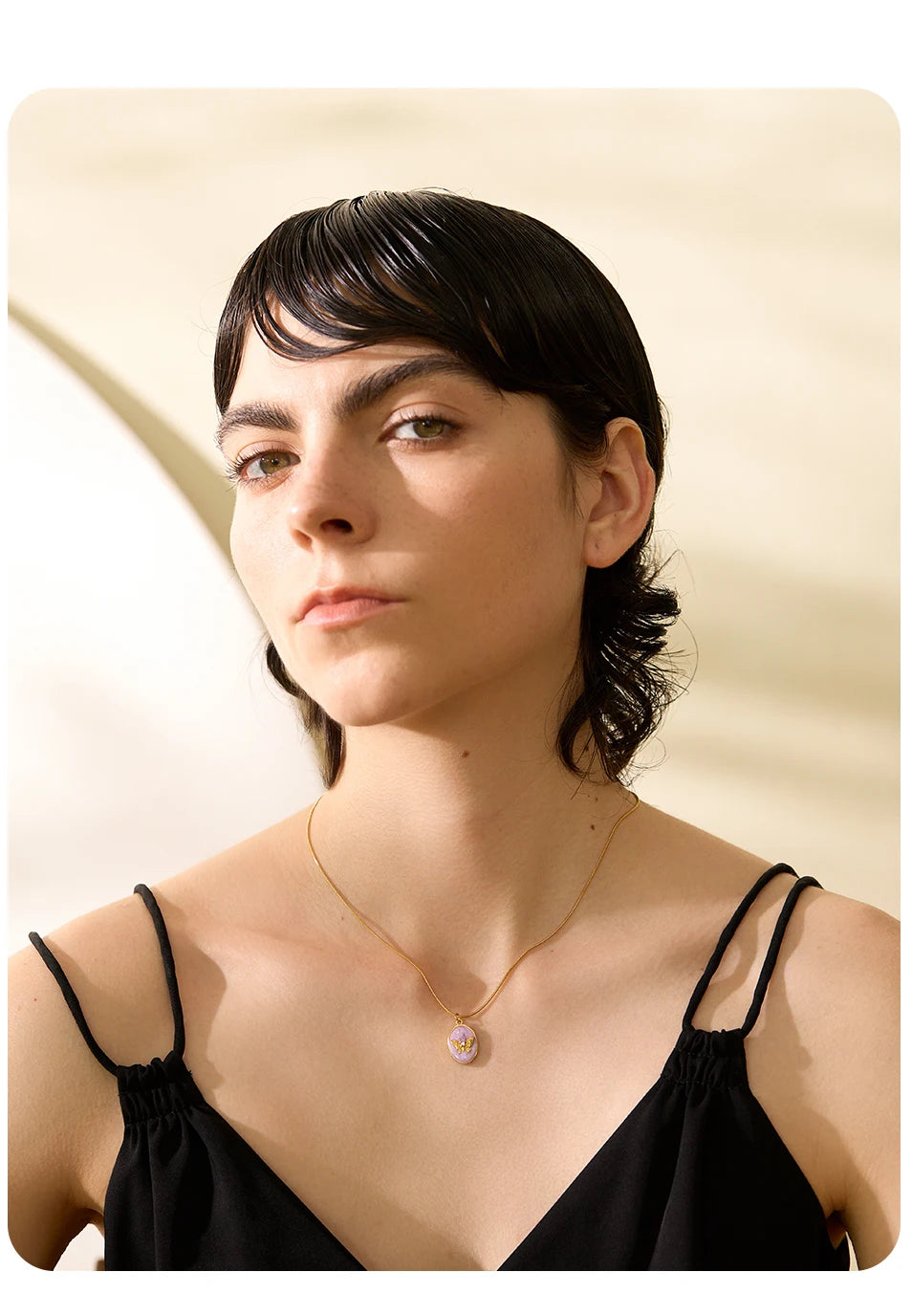 Yhpup Pink Enamel Butterfly Gilding Geometric Pendant Stainless Steel Collar Fashion Necklace for Women Korean Chic Jewelry Gift