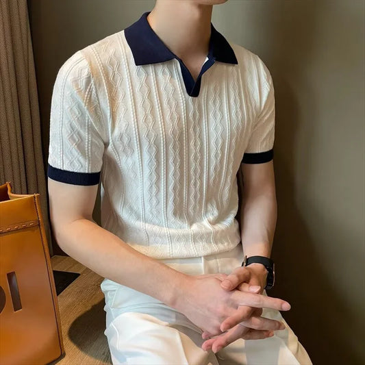 Korean Fashion Jacquard Short Sleeve Polos Tshirt For Men Business Casual Patchwork Knitted Polo T-shirts Y2K Vintage Tee Tops