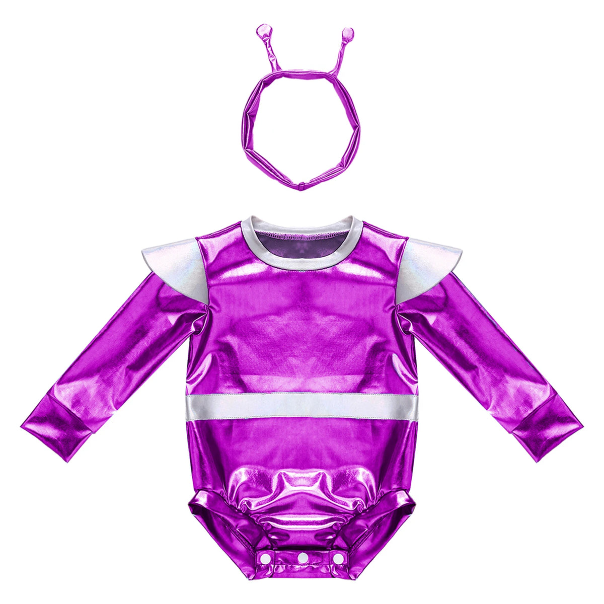 Toddler Boys Girls Metallic Alien Dress-up Costume Jumpsuit Halloween Outer Space Party Cap Sleeve Shiny Romper for Photography