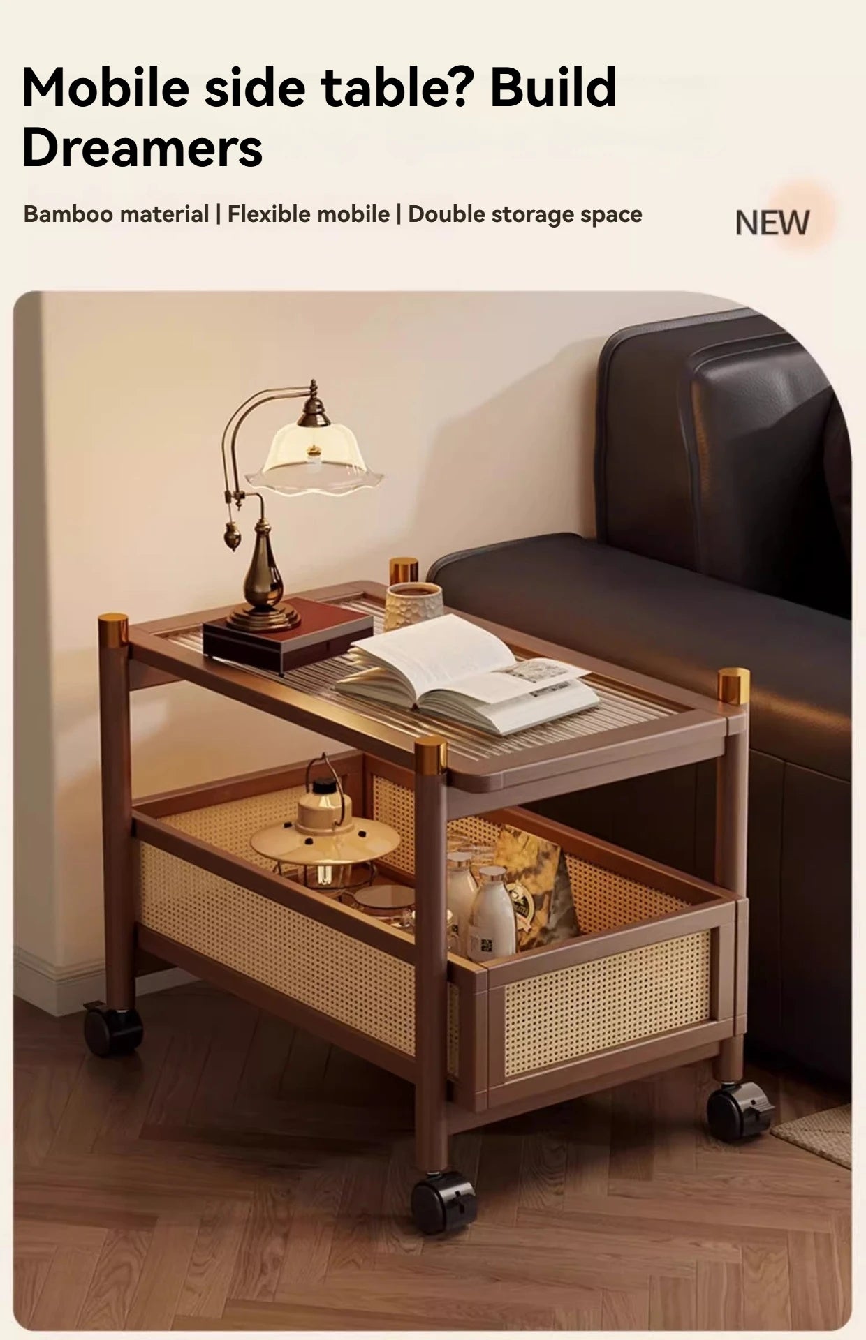 Sofa side table, movable coffee table, small cart, living room small table, bedside side cabinet with wheel storage rack