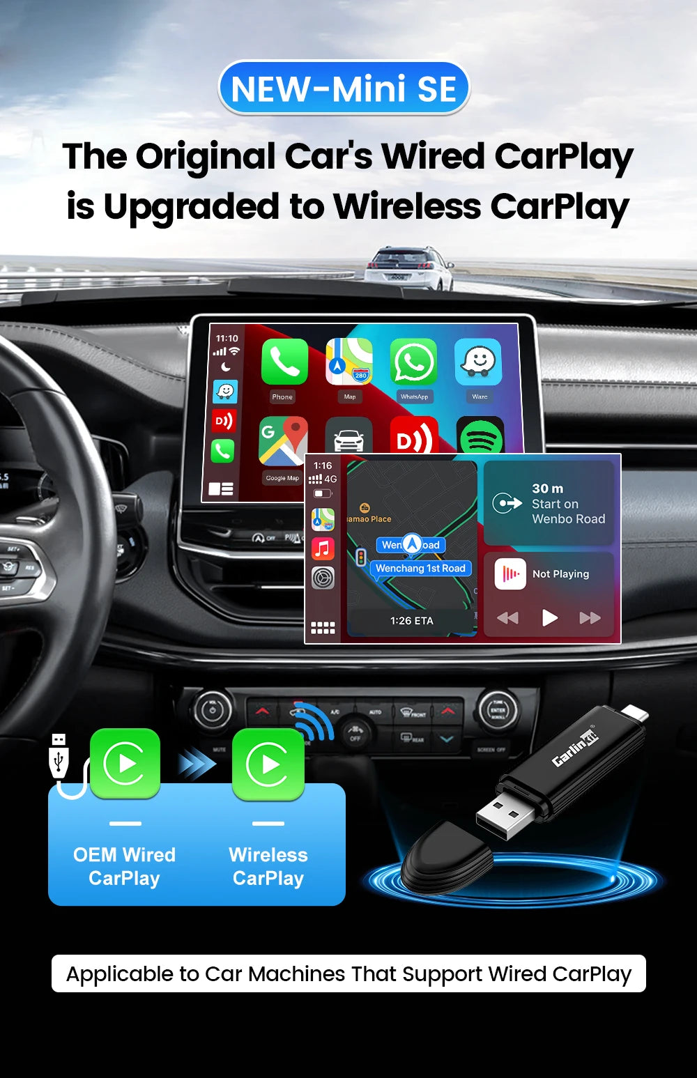 CarlinKit Mini 5 CarPlay Wireless USB Dongle Plug &Play Split Screen Wired To Wireless Adapter For Benz Kia Volvo Mazda MG Ford