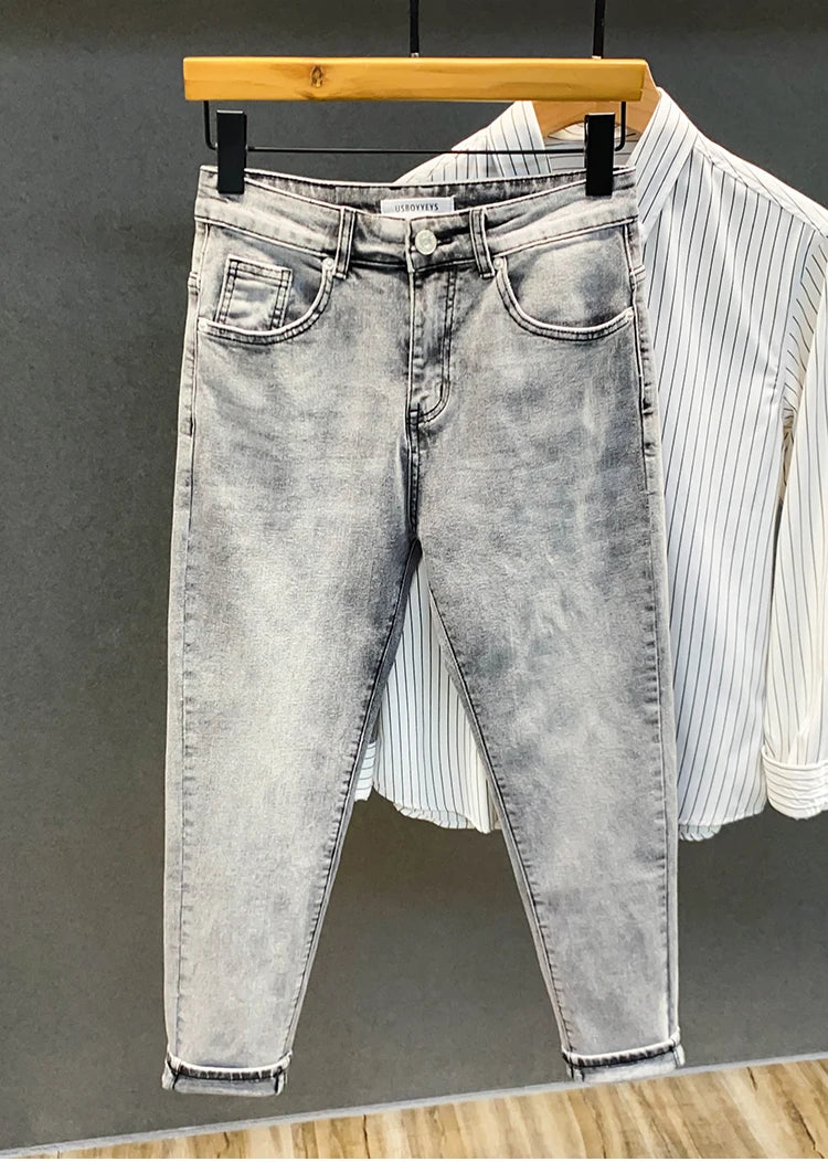 Summer ey e Nine-Ten Men's Jeans Sli Versatile Slim Fit Casual Cotton Stretch Fabric mid Waist Zipper Closure