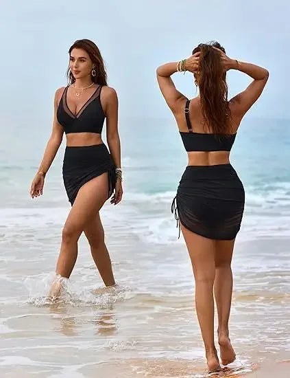 2025 New Fashion Sexy Pure Color Mesh Splice Drawstring Ladies Bikini Set Crossbody Swimwear Women's Split Design Swimsuit