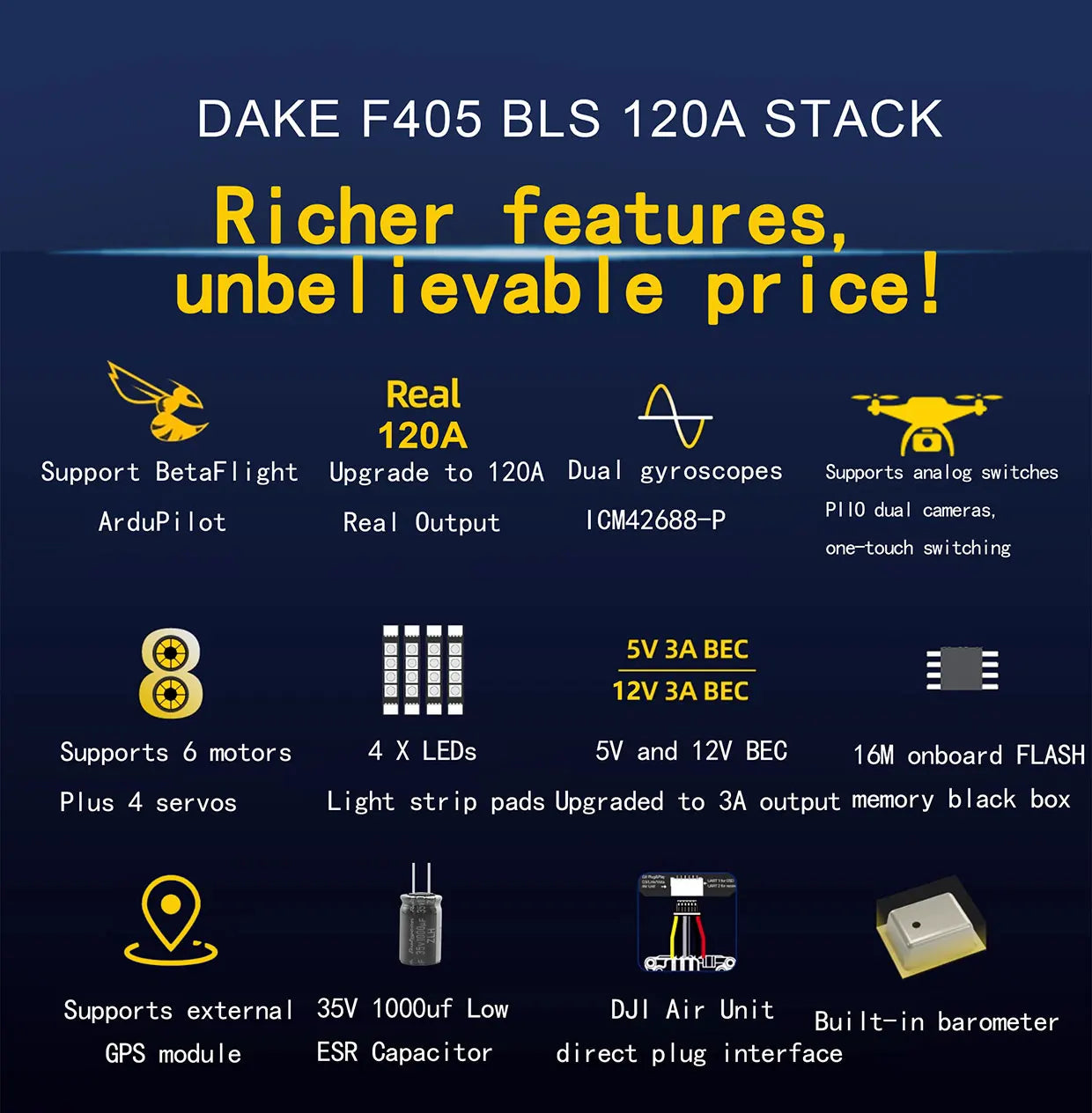DAKEFPV F405 V3 FC 12S 100A / 120A Stack Betaflight Ardupilot INAV F4 Flight controller for FPV Freestyle Drone Model