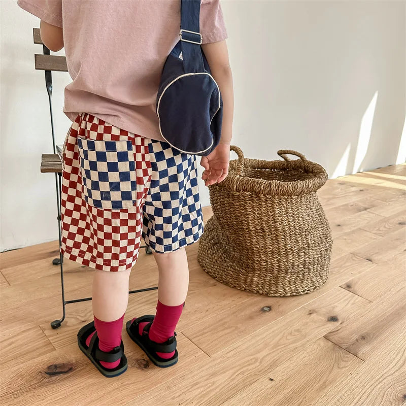 deer jonmi 2023 Summer Korean Style Children Plaid Patchwork Shorts Baby Boys Casual Chic Loose Shorts Kids Clothes