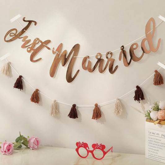 Just MARRIED the party is decorated with banners and flags