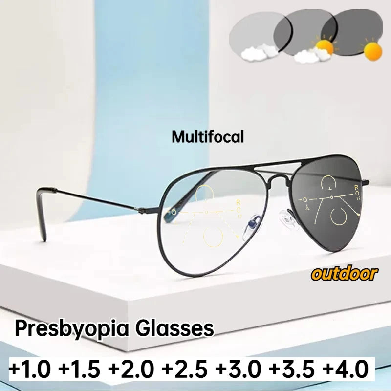 Unisex Fashion Photochromic Multifocal Presbyopia Glasses Ultra-light Anti-blue Light Reading Glasses Sunglasses 2 in 1