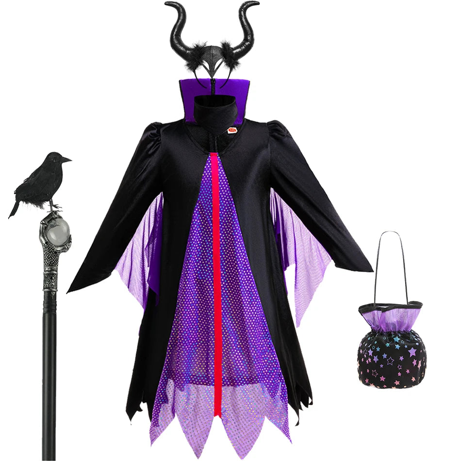 Halloween Costume Girls Cartoon Maleficent Cosplay Dress Children Fancy Witch Disguise Robe Carnival Devil Queen Dot Tulle Frock