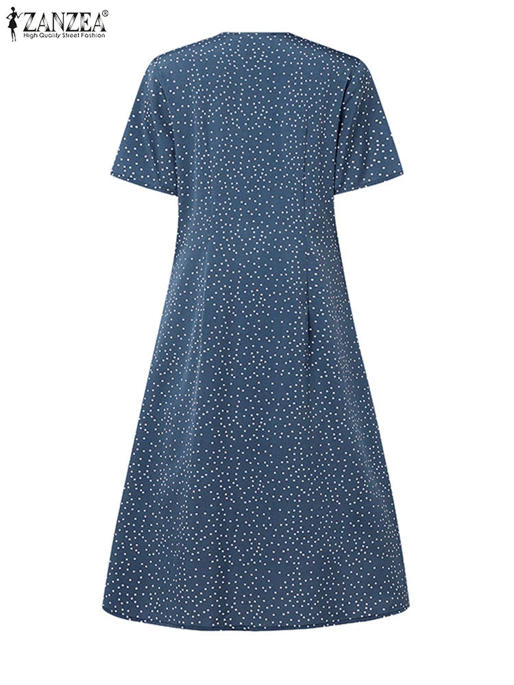 ZANZEA Women Summer Casual Dress 2025 Short Sleeve Polka Dot Bohemian Holiday Sundress V-Neck Loose Buttons Beach Vestidos Robe
