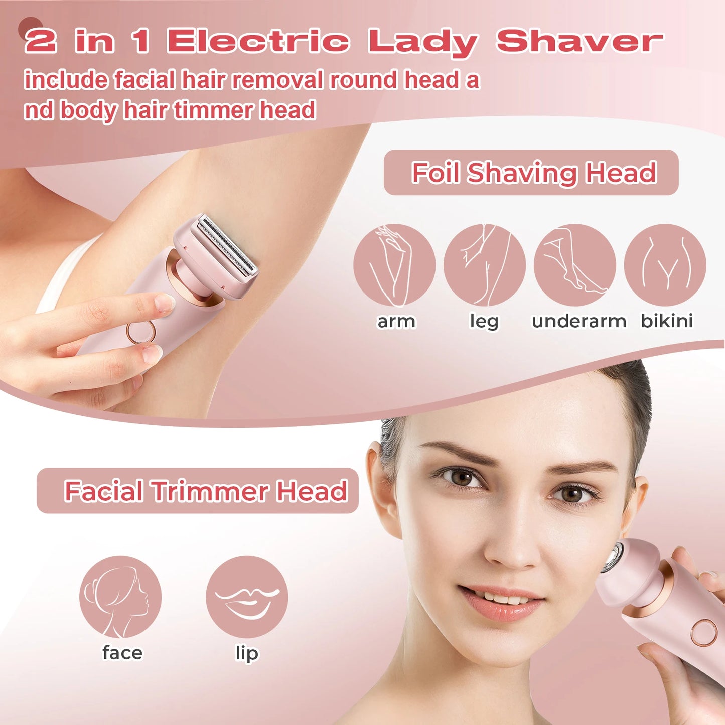 2 in 1 Lady Hair Removal Device Electric Shaver & Bikini Trimmer IPX7 Waterproof Face & Body Hair Remover for Legs Underarms