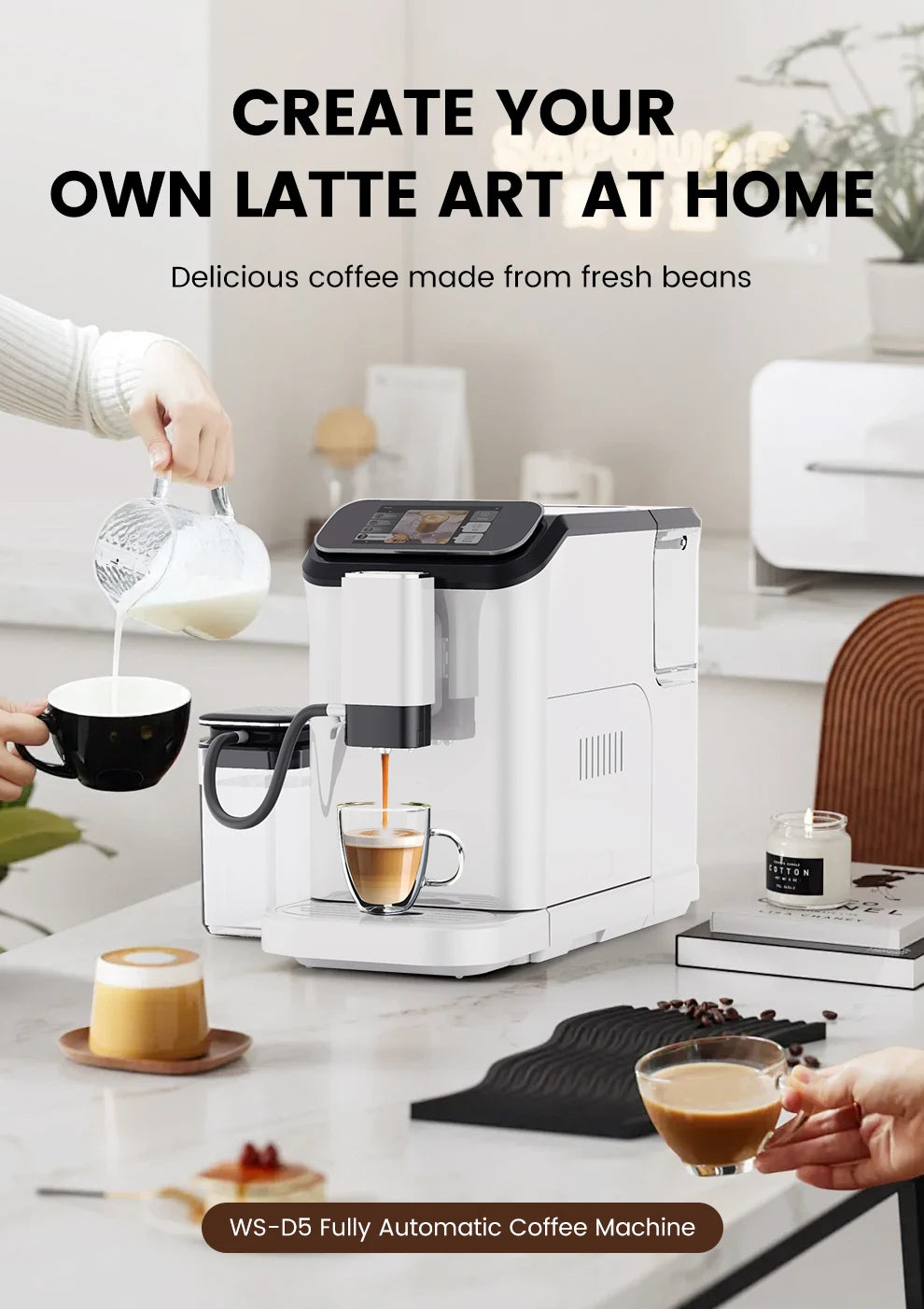 Mcilpoog WS-D5 Automatic Coffee Machine - Smart Wi-Fi , 12 Coffee Varieties, Touchscreen & Built-In Frother/1.5L Tank for Home