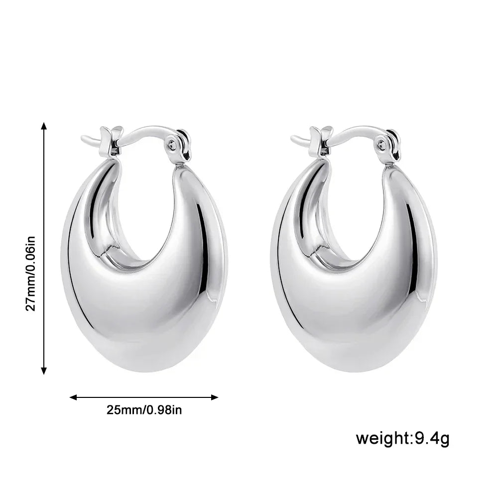 New Trend Silver Color Polished Stainless Steel CC Circle Chunky Hoop Earrings Twist PVD Dome Lightweight Hammered Drop Earrings
