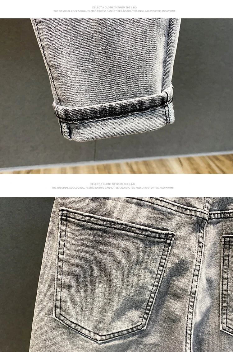 Summer ey e Nine-Ten Men's Jeans Sli Versatile Slim Fit Casual Cotton Stretch Fabric mid Waist Zipper Closure