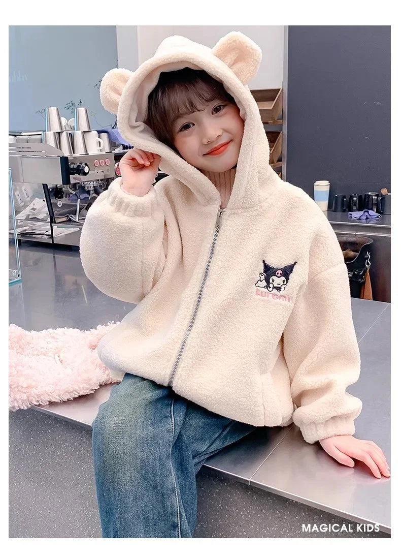 Winter 2025 New Cartoon Sanrio Kuromi Girls' Velvet Jacket Plus Velvet Children'S Polar Fleece Hooded Clothes Girls Winter Cloth
