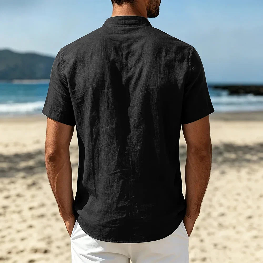 Men's Cotton Linen Shirt Summer Lightweight Breathable Short Sleeve Henley Neck Casual Shirts Male Vacation Beach Style Tops