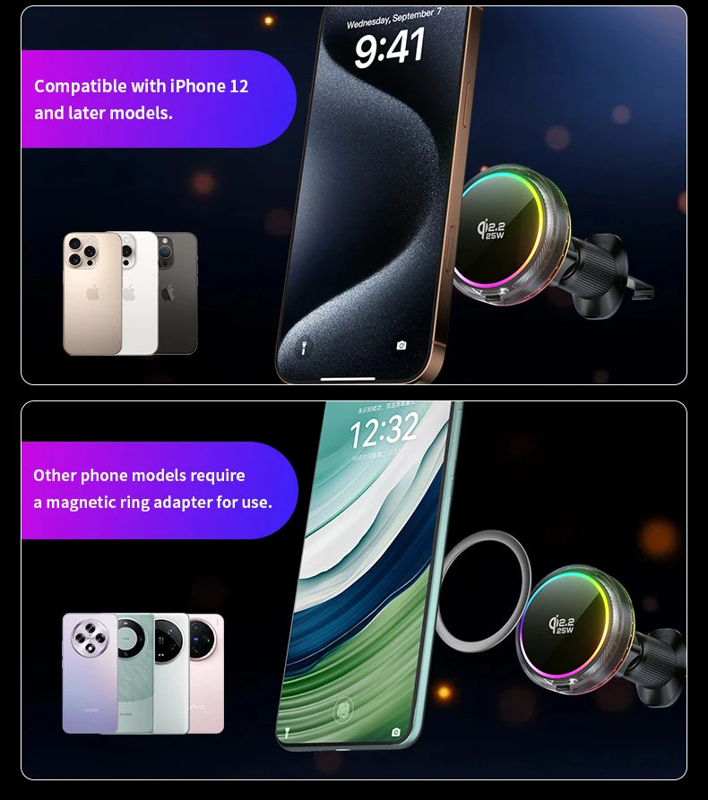 25W Air Cooling qi2.2 Car Magnetic Wireless Charger RGB Light  Phone Holder For Magsafe iPhone 17 16 15 14 13 12 Fast Charging