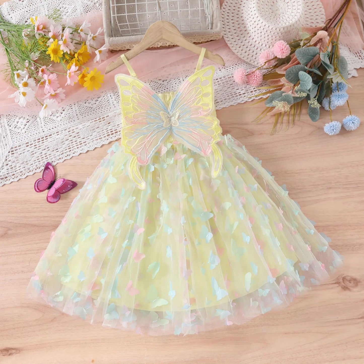 Baby Girls Big Butterfly Wings Gauze Princess Dress Lovely Kids Summer Sleeveless Tulle Sling Dress Children Birthday Party Gown
