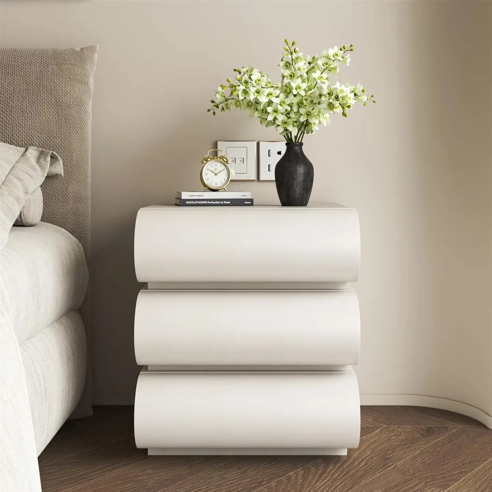 modern off white nightstand with 3 drawers - leather bedside table, end table for bedroom/living room, fully assembled (19.7''h)