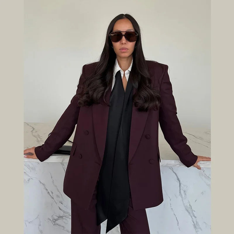 Elegant Blazer Coat Pants Set Women 2026 Lapel Double Breasted Jacket Straight Trousers Female Sets Spring Chic Lady Suit