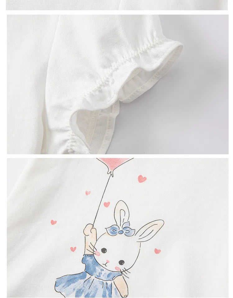 Dave Bella Baby Girl White T-shirts Cartoon Printed Girls Tees Children Tops Puff Sleeves Kids Clothes DB2221905