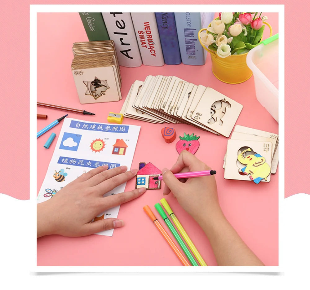 Kids Drawing Toys Montessori DIY Painting Stencils Template Wooden Craft Puzzle Educational Toys for Boys Girls Birthday Gift