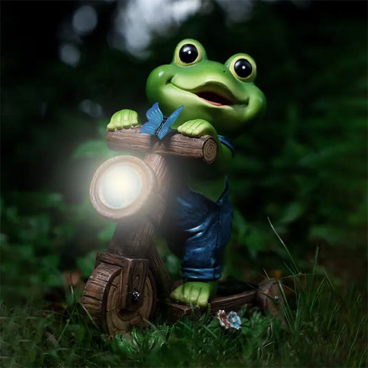 Resin Garden Frog Statue with Solar Light Frog Cycling Model Frog Ornaments Cute Animal Statue for Patio Lawn Yard Decoration