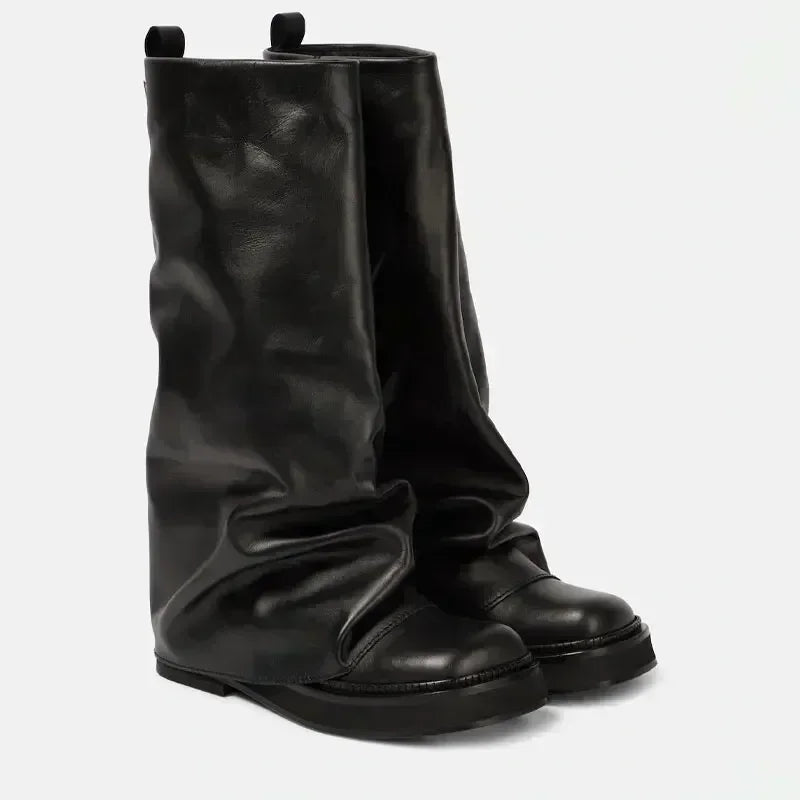 Women's New Autumn and Winter Calf Boots with Pleated Thick High Heels and Fashionable Oversized Street Leather Mid Leg Boots