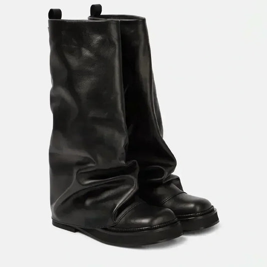 Women's New Autumn and Winter Calf Boots with Pleated Thick High Heels and Fashionable Oversized Street Leather Mid Leg Boots