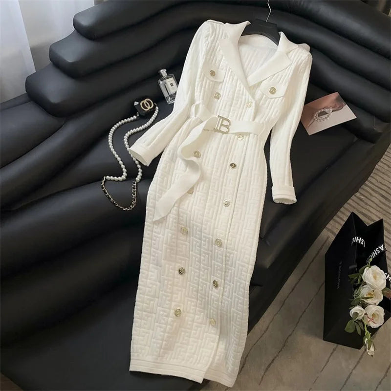 2025 Autumn Winter High-Grade Suit Collar Knitted Dress Women Fashion Double-Breasted Middle Long Over-The-Knee Sweater Vestidos