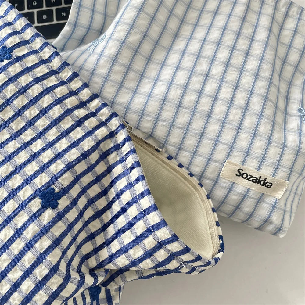 Blue Plaid Embroidery Floral Makeup Bag for Women Brush Lipstick Organizer Pouch Travel Cosmetic Storage Toiletry Wash Case Bag