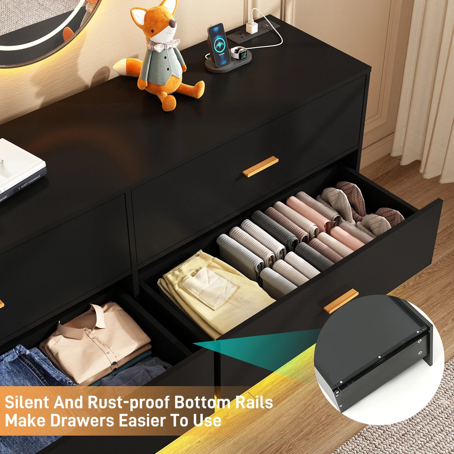 6 Drawers Dresser w/Power Outlet, 59" Long Wooden Dresser Chest, 60000-Colors Lights for Bedroom, Metal Handles of Drawers