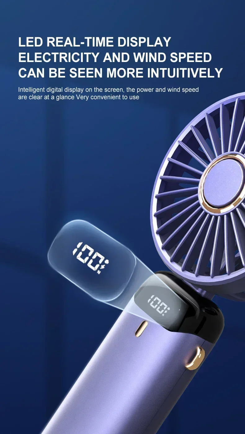 Portable Handheld Mini Fan Foldable Neck Hanging Fans 1800mAh 5 Speed USB Rechargeable Fan with Phone Stand and Display Screen