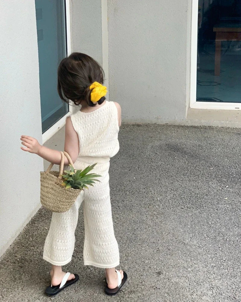 Girls Summer Clothing Set 2023 Kids Knitted Hollow Lace Suit Girl Fashion Breathable Vest + Wide Leg Pants Outfits Children Sets