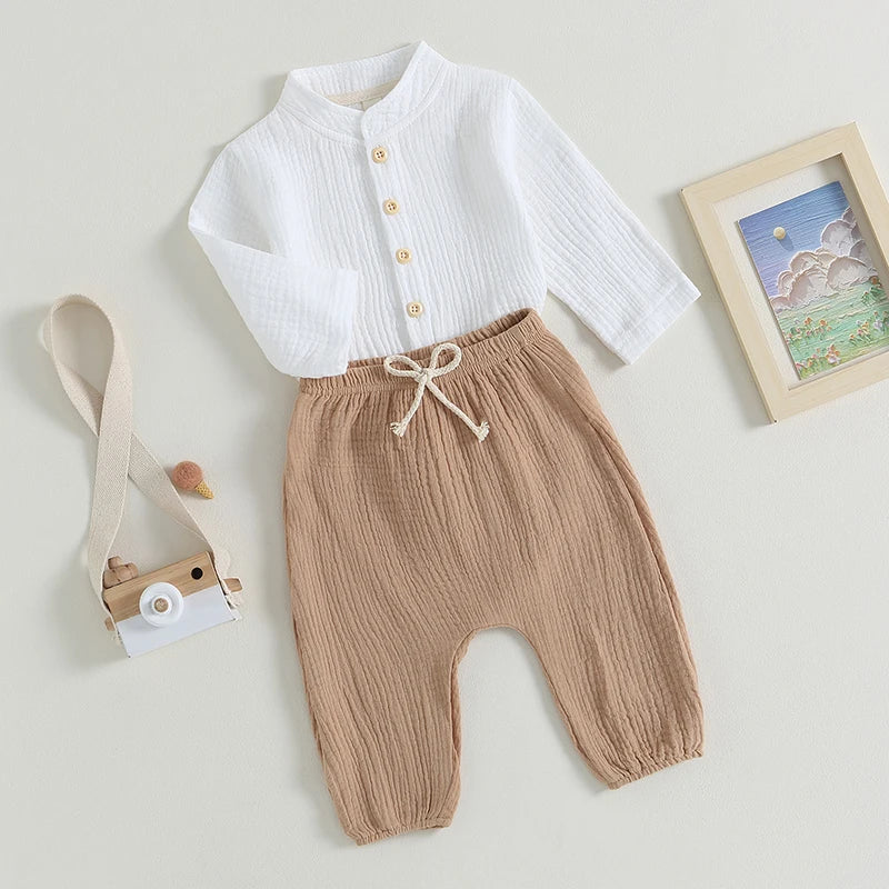 0-4Y Kids Boys Summer Fall Outfits Baby Solid Color Buttons Long Sleeve Shirts Tops + Elastic Waist Long Pants Boys Clothes Sets